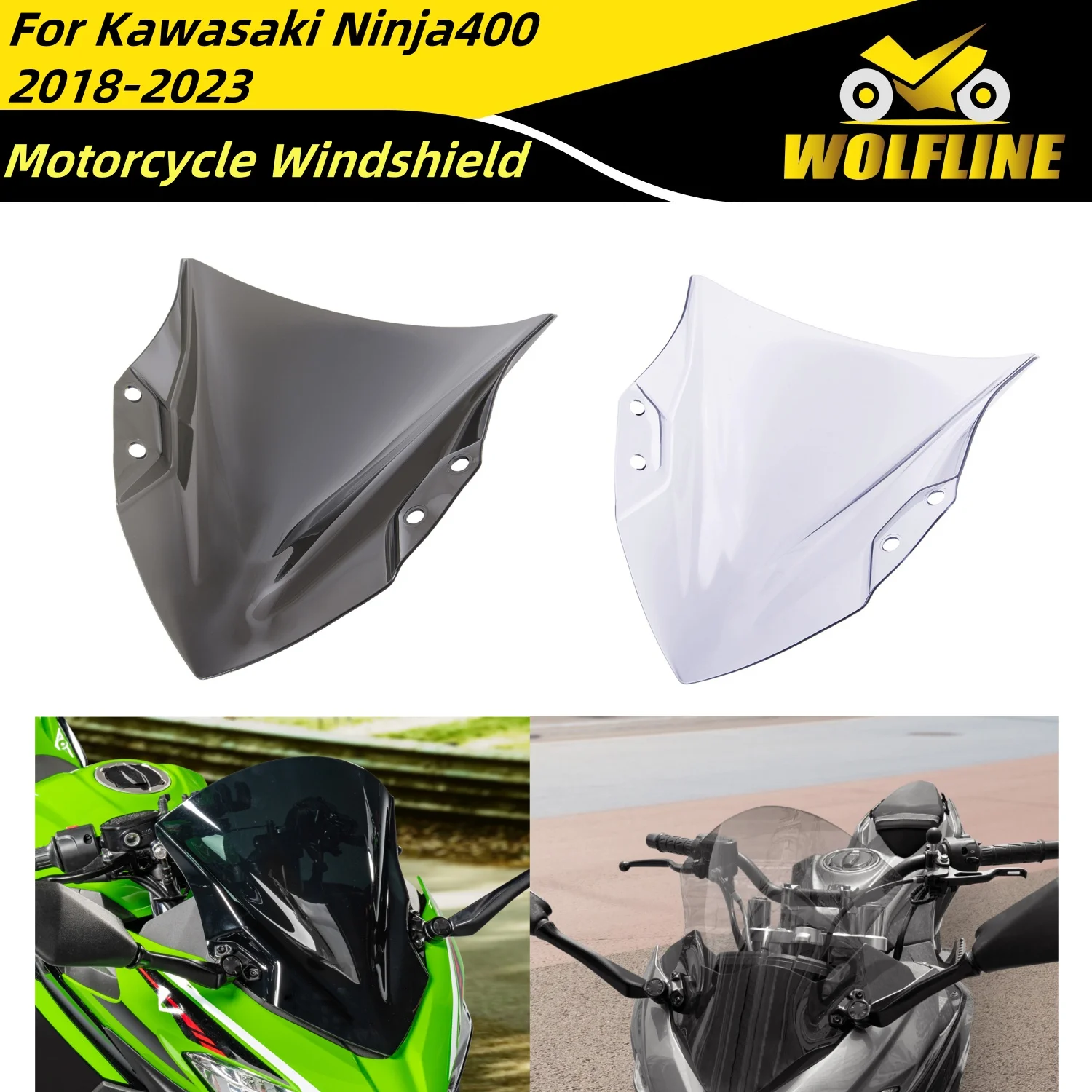 WOLFLINE Windscreen Front Windshield for Kawasaki Ninja400 Ninja 400 2018-2023 Wind Shield Deflector Fairing Cover