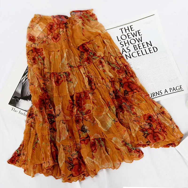 

New Half length Skirt Floral Beach Silk Comfortable Colors Cake Printed Loose
