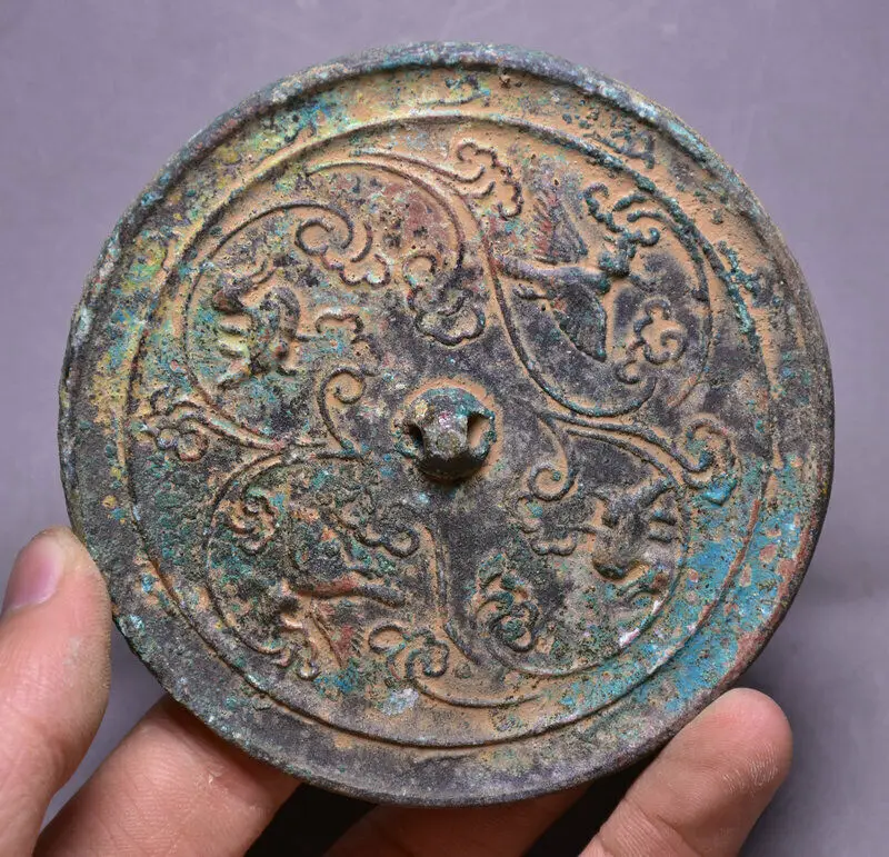 

9Cm rare old Chinese bronze dynasty palace phoenix mythical beast bronze mirror - Brass animal sculpture
