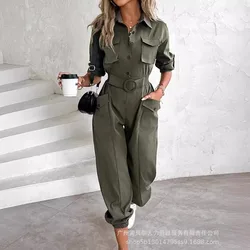 2024 Spring Summer New Women's Clothing Solid Color Lapel Long Sleeve Waist Leisure Cargo One-Piece Trousers