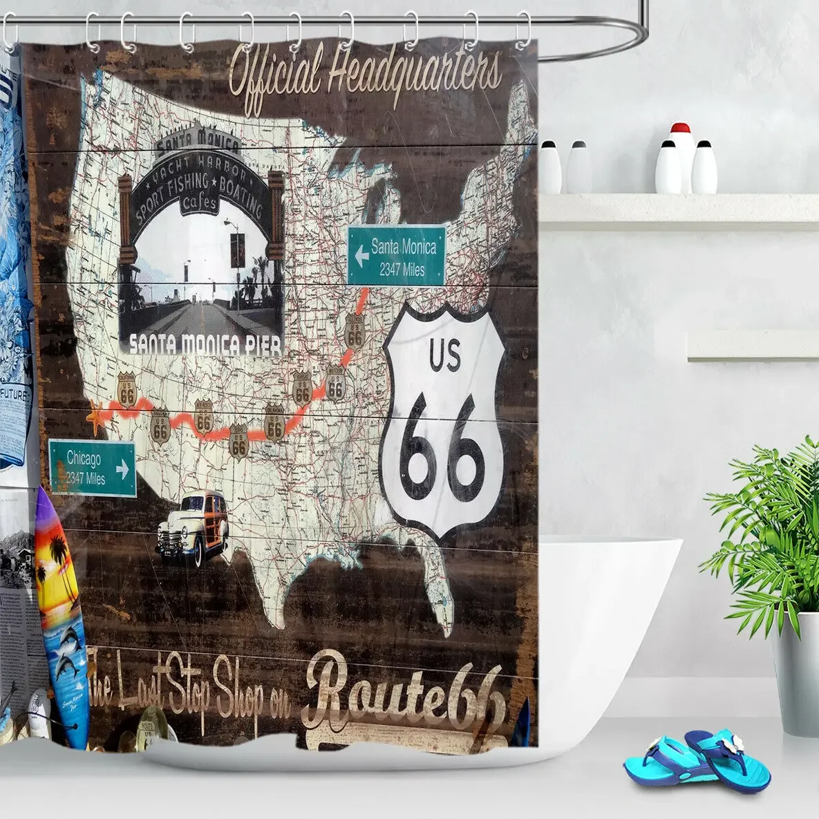 Rustic Wood Board Route 66 Map Waterproof Fabric Shower Curtain Set Bathroom