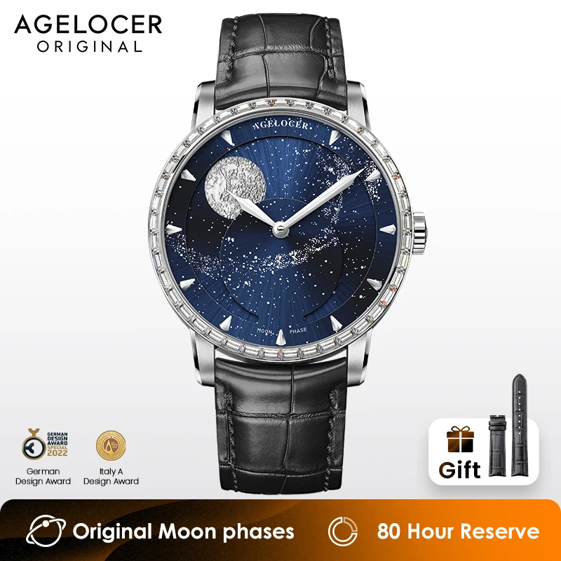 

AGELOCER Astronomer Men's Business Formal Automatic Mechanical Moon Phase Watch Diamond Watch Birthday Gift for Men