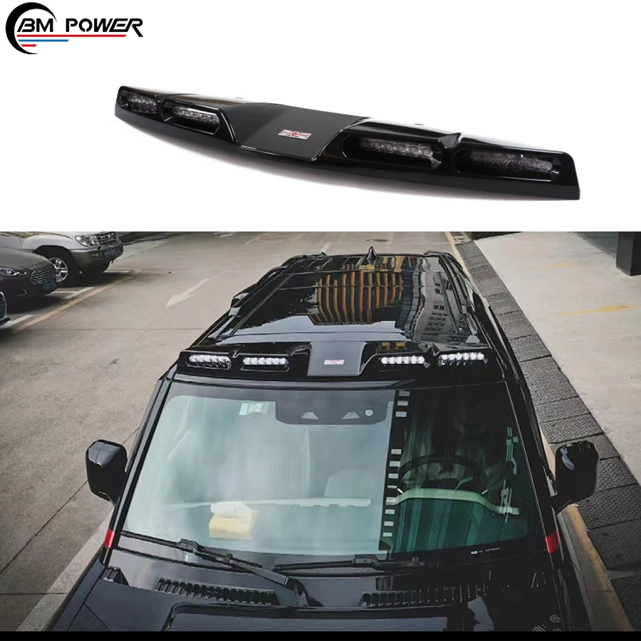 Car Front Roof Spoiler For Defender 90 110 Front Wing Carbon Fiber Spoiler With 4 LED Style Roof Spoiler Glossy Black Exterior