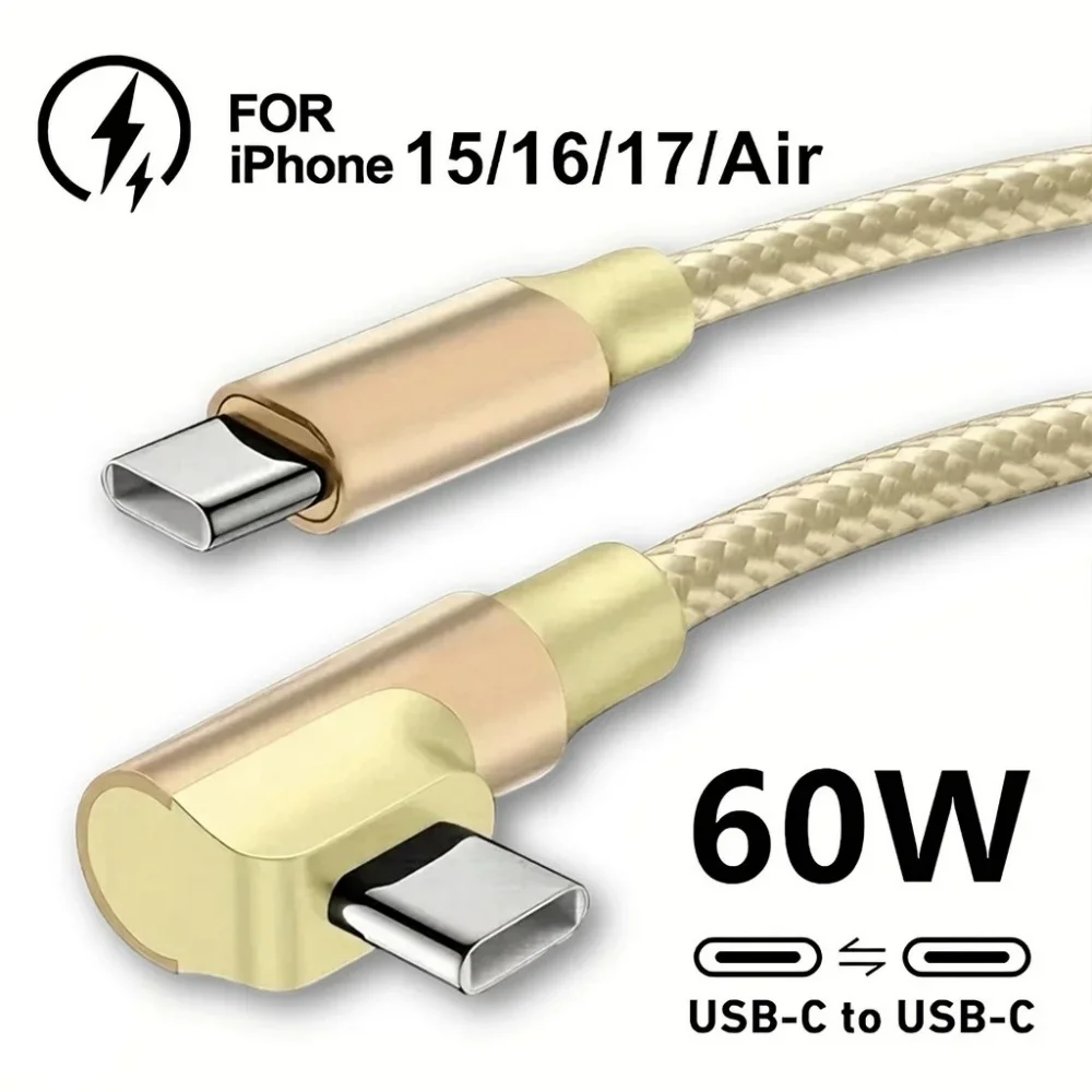 USB C 60W Fast Charging Cable For iPhone 17 16 15 Pro Max Samsung Xiaomi POCO OnePlus 90 Degree Elbow Nylon Braided Type C Cord