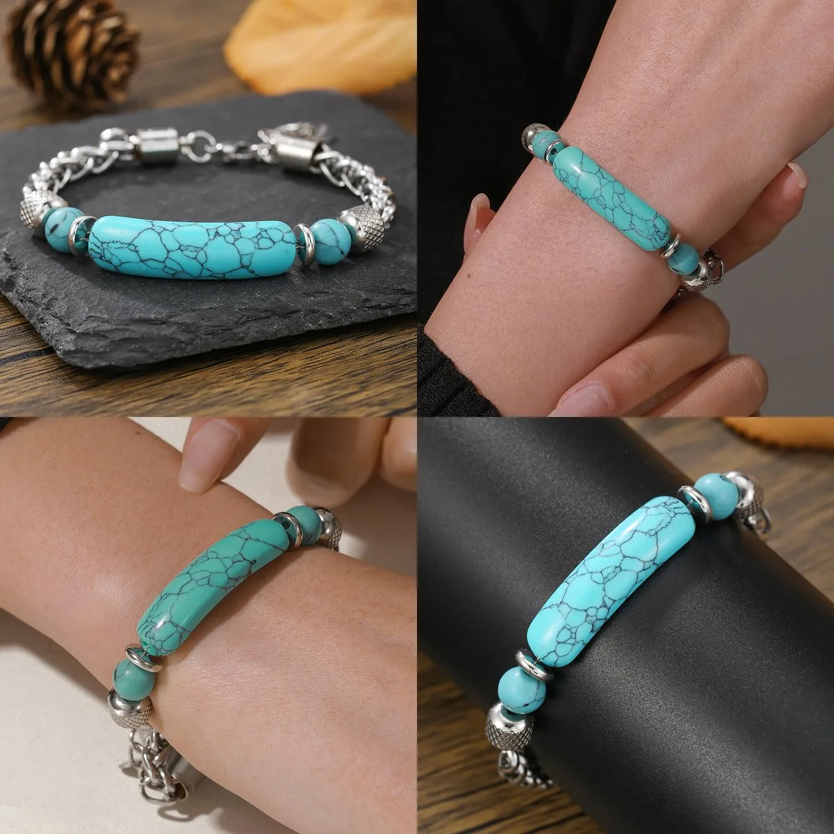 Beaded Bracelet for Bridge Card Style, Vintage Stainless Steel Chain with Synthetic turquoise Stones, Titanium Steel Men's
