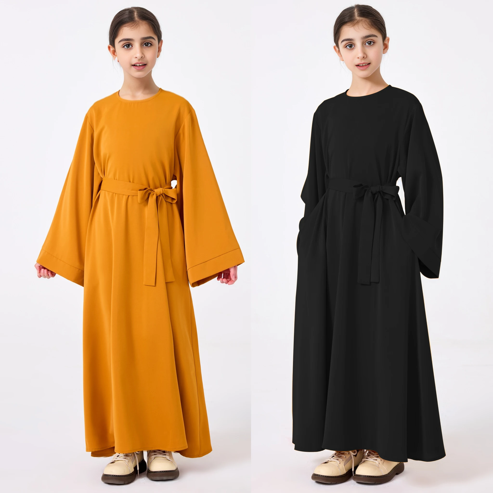 

Ramadan Middle Eastern Muslim Abaya Girl's Solid Color Flared Sleeve Dress with Belt