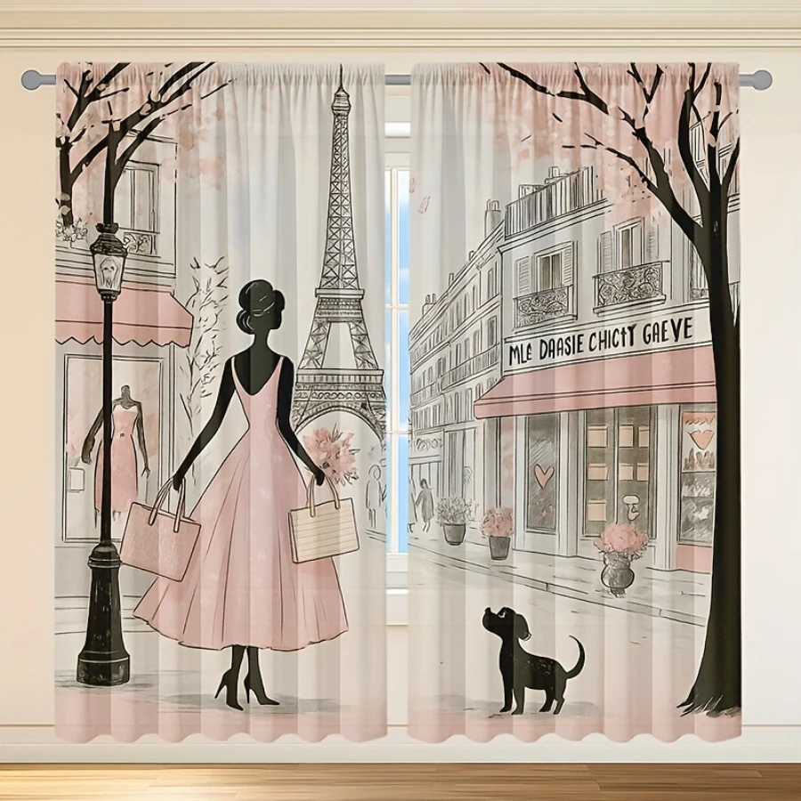 2PCS Digital Print Curtains, Pink Toned Paris Street Scene, Romantic French City Decor Vintage European Urban Bedroom Drapes