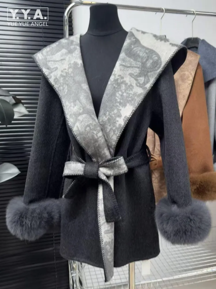 

Fashion Elegant Women Office Turn Down Collar Hooded Loose Fit Sashes Lady Winter Mid Length Double Sided Wool Coat Retro Style