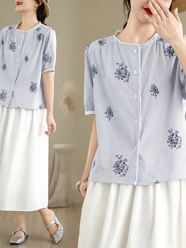 

Faionable Patchwork Stripe ort Sve Loose Slimming Embroidered Lace Bubble Sve Top Women's Casual Summer irt