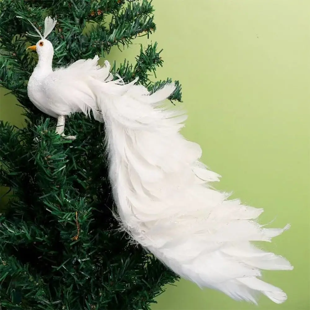 

White Simulation White Peacock Beautiful Light Weight Christmas Tree Decoration Party Supplies Christmas Real Feather Pendant