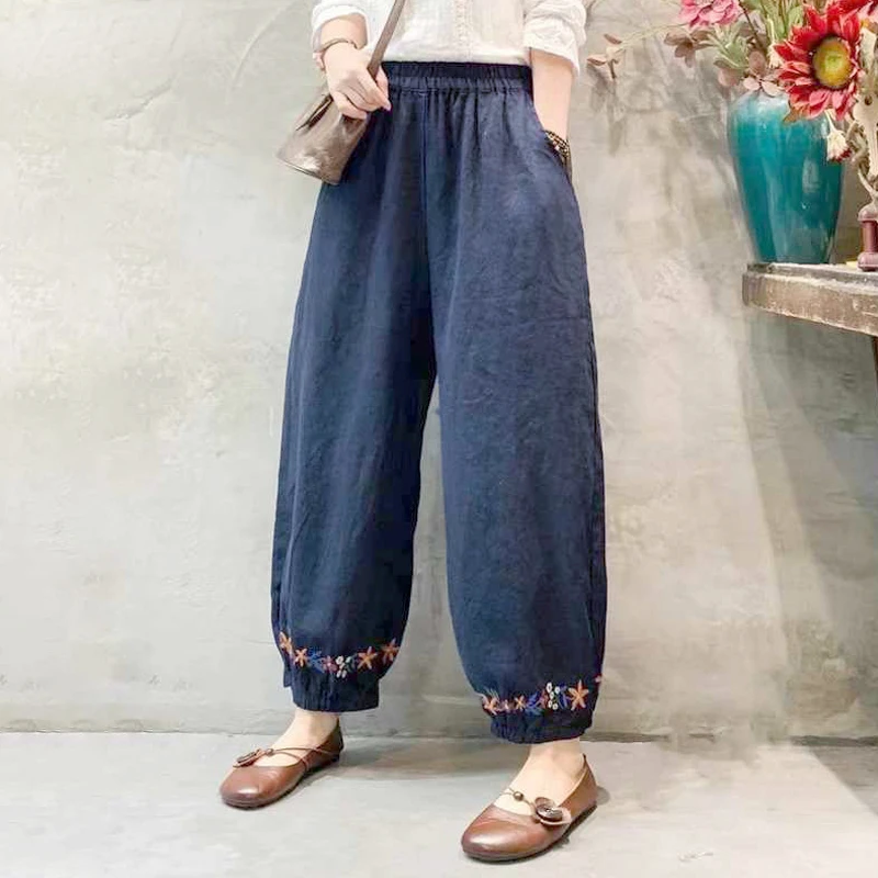 

Summer Art Retro Fashion Simple Elastic Waist Pocket Strap Print Loose Relaxed Oversize Women's Cotton Hemp Harlan Pants J255