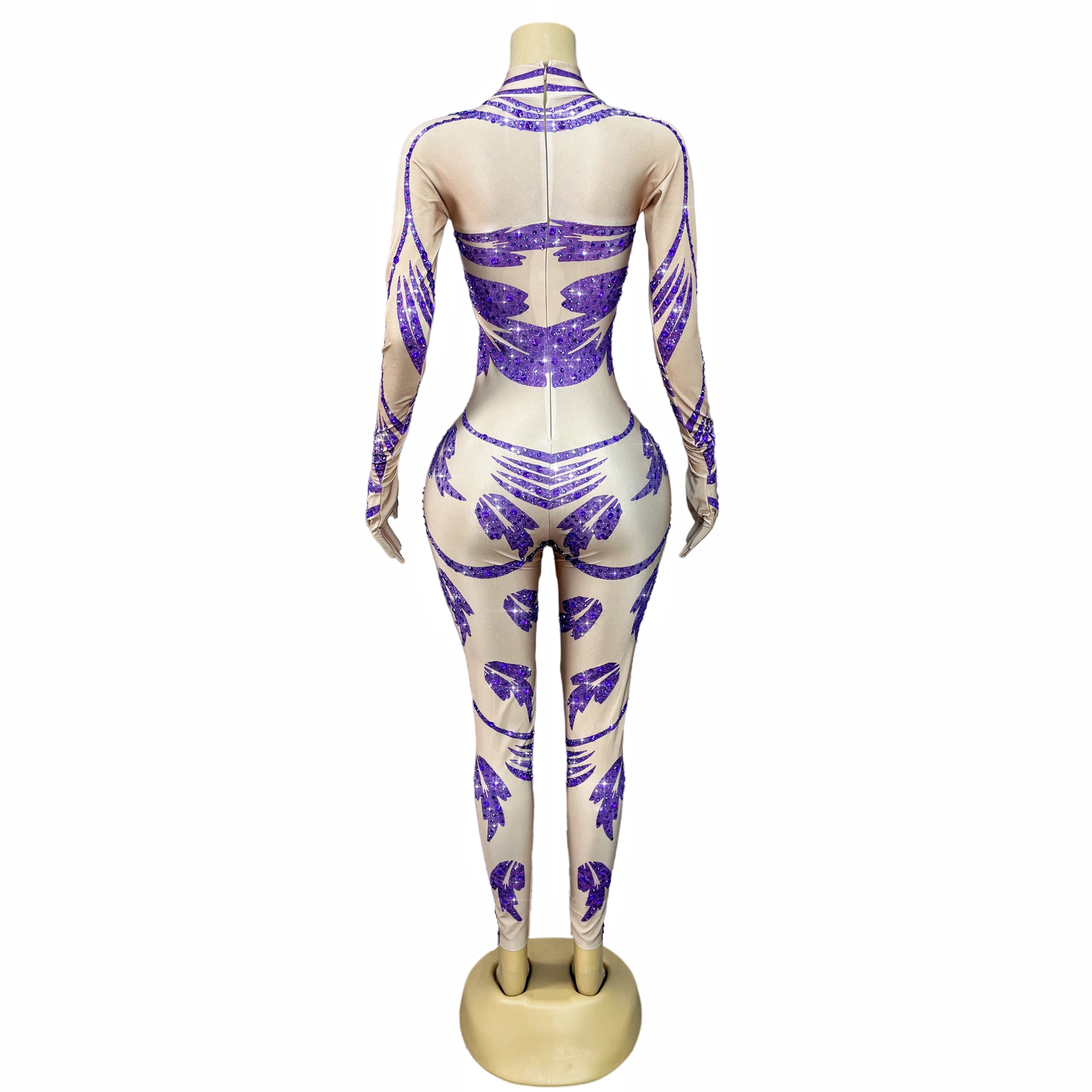 Neue elegante entworfene glänzende lila Strass Sexy Body Frauen Party Show Outfit Sänger Tänzer Leistung Kostüm Zilian