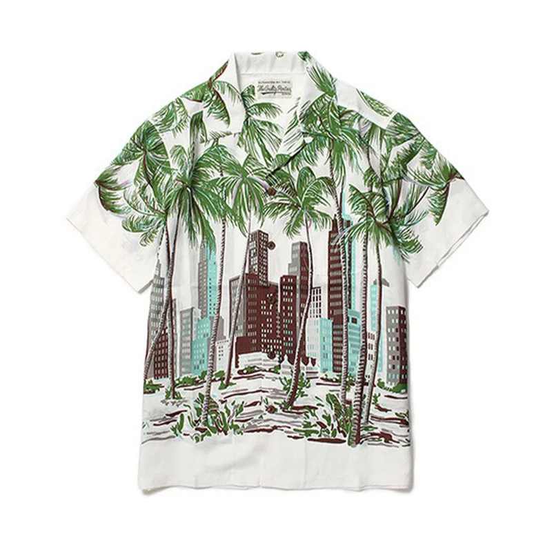 24ss Heren Dames Merk Shirt Cubaanse Kraag City Print Wacko Maria Korte Mouw Shirt Vintage Hoge Kwaliteit Hawaii Shirt