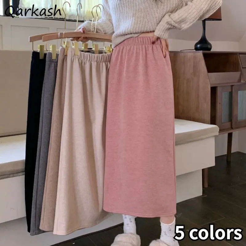 

Long Pink Skirts for Women Simply All-match Elegant Winter Ulzzang Office Ladies Aesthetics Юбка Back Slit Straight Baggy Casual