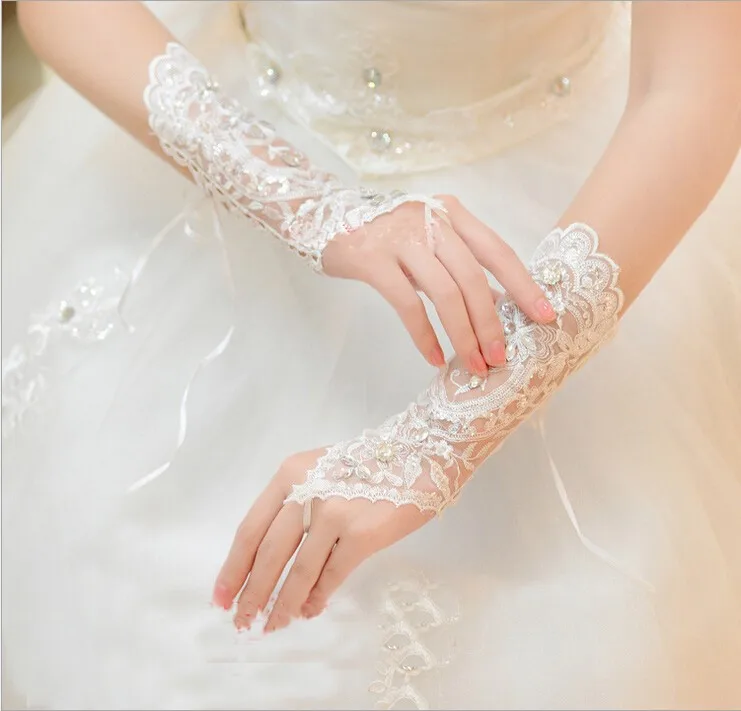 Guantes de encaje de diamantes de imitación blancos sin dedos, accesorios de Boda nupcial