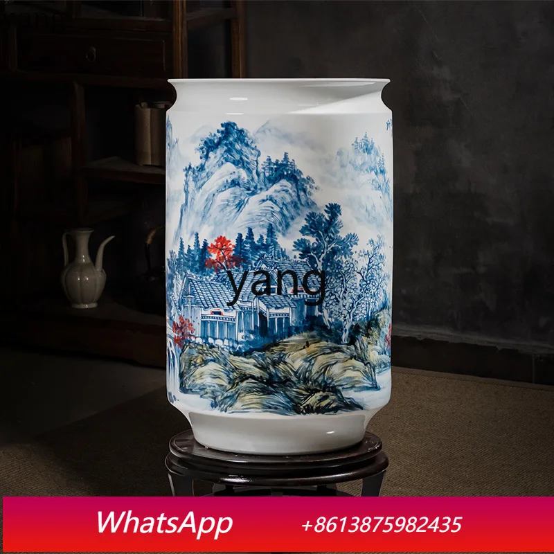 CX Ceramic Master Hand-Painted Blue and White Porcelain Painting and Calligraphy Cylinder Scroll Cylinder Study Floor