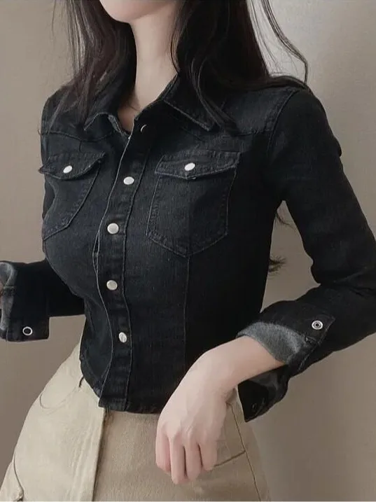 Slim Fit Chic Autumn Denim Jacket Women's Single Button Collar Asymmetrical Korean Style Casual Versatile Outerwear
