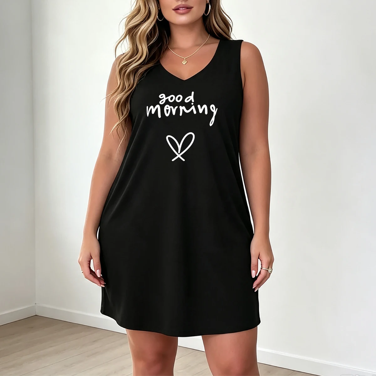 Plus-size women's V-neck sleeveless dress with handwritten good morning English phrases, simple heart print, gentle home style, loose summer dress.