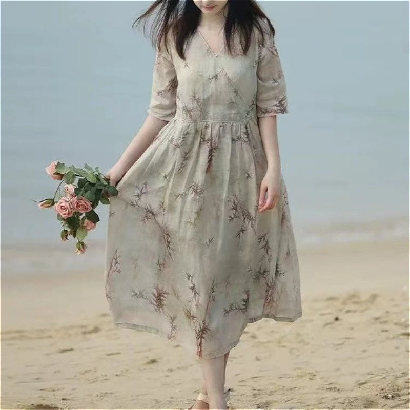 

Long Dress Women Dresses A Line Vestidos High Waist Y2k Streetwear V Neck Half Sleeve Print Floral Elegant Party Night Work