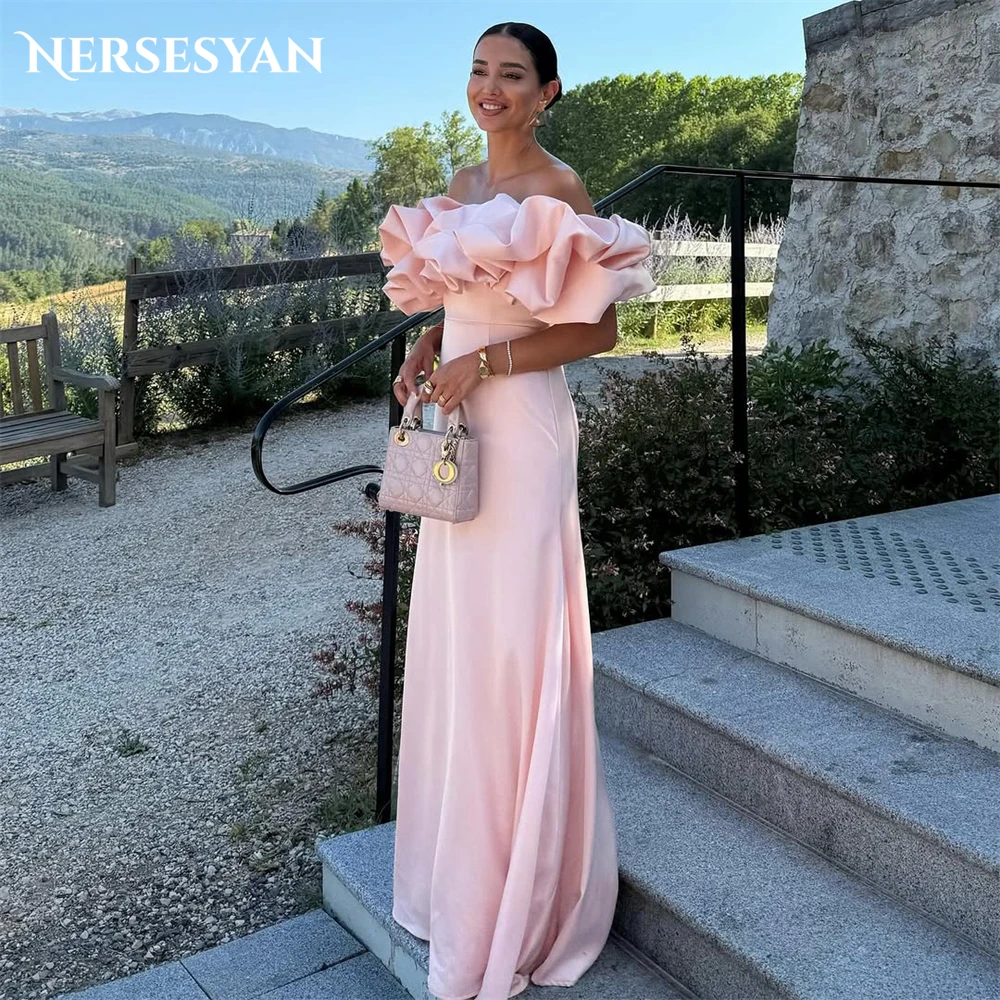 

Nersesyan Blush Pink Elegant Mermaid Evening Dresses Ruched Off Shoulder Satin Formal Dress Celebrity Party Gowns Customized