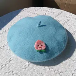 Handmade wool felt beret blue sky and white clouds winter lady's cute green leafy fruit cute female painter hat beret  gorras