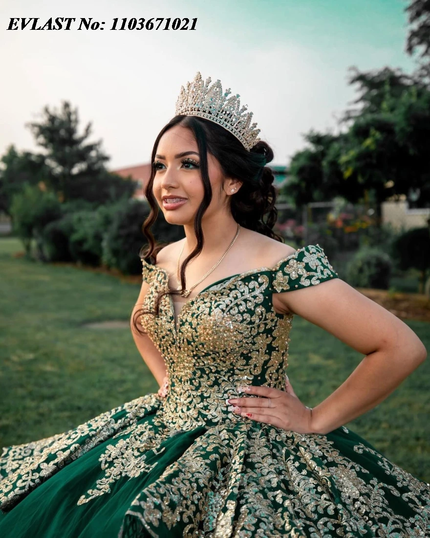 EVLAST Customized Green Quinceanera Dress Ball Gown Gold Lace Applique Beading Tiered Mexican Sweet 16 Vestidos De 15 Anos SQ492