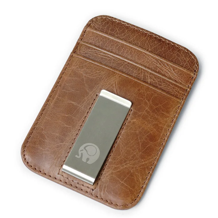 Retro Unisex Cowhide Leather ID Credit Card Holder with Stainless