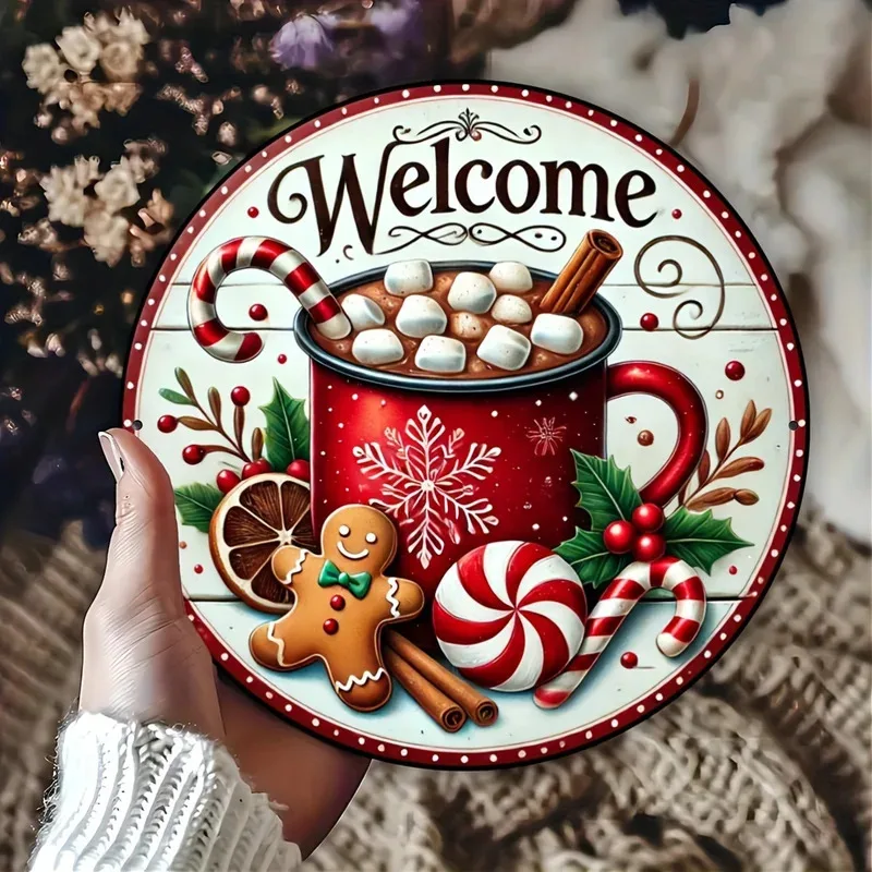لافتة ترحيب خشبية لعيد الميلاد - 8 × 8 بوصة من خبز الزنجبيل المستدير وأطباق تزيين إكليل العطلات للغرف والجدران #3