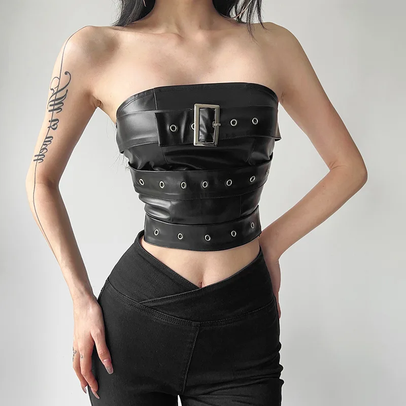 Sexy Off Shoulder Metal Buckle Imitation Leather Tank Top Women Sleeveless Bare Midriff Halter Crop Tops Tube Top Cropped Vest