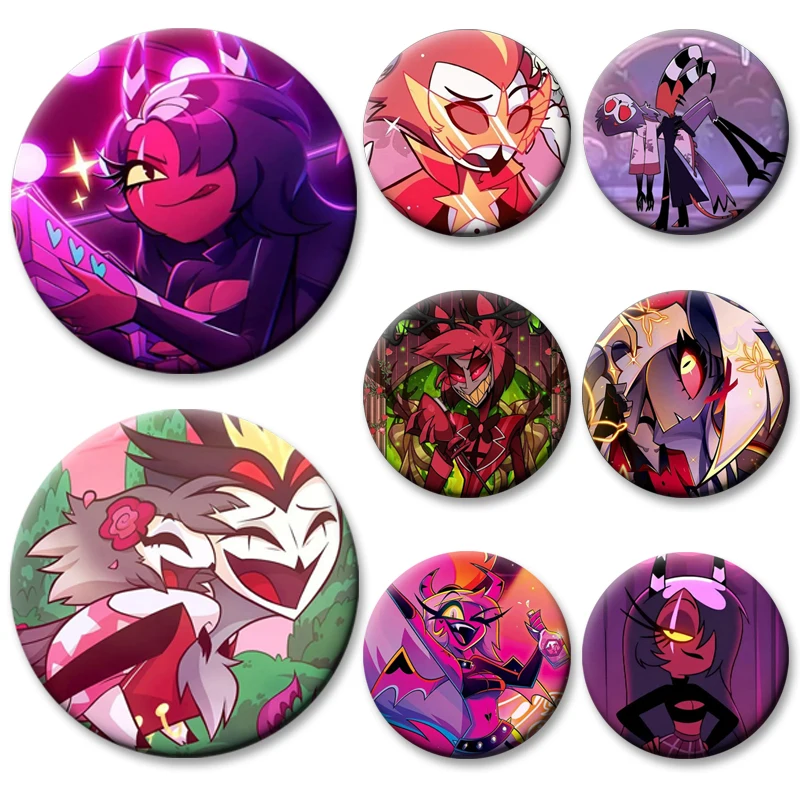 

Game Helluva Boss Tinplate Pins Round Creative Cartoon Brooches for Backpack Accessories Anime Collection Badge Decoration Gifts