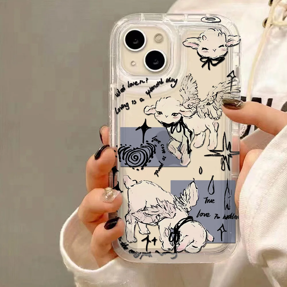 Cute Little Lamb Angel Sheep Phone Case for IPhone 16 15 14 13 12 11 Pro Max 7 8 Plus X XR XSMax Airbag Anti Fall Clear Cover