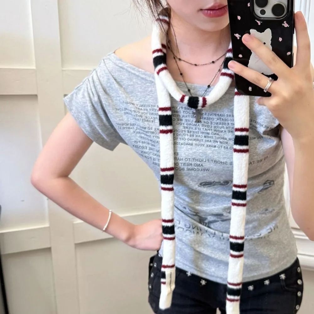 

Корейский вязаный полосатый узкий шарф, мягкий теплый полосатый шейный шарф, штабелируемый шейный платок «сделай сам», женский