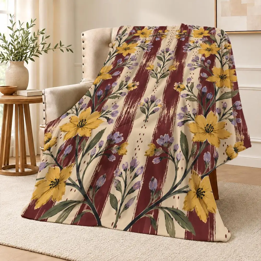 Vintage Floral Boho Purple Yellow Botanical Art Throw Soft Flannel Throw Blanket for Couch Bed Sofa Warm Cozy All Season
