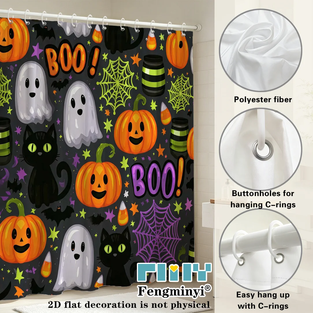 2D Flat, 2D Flat, 2D Flat Shower Curtain 1pc, Halloween Fun Ghost Pumpkin Black Cat Spider Web Theme Print, Polyester Fabric Bat