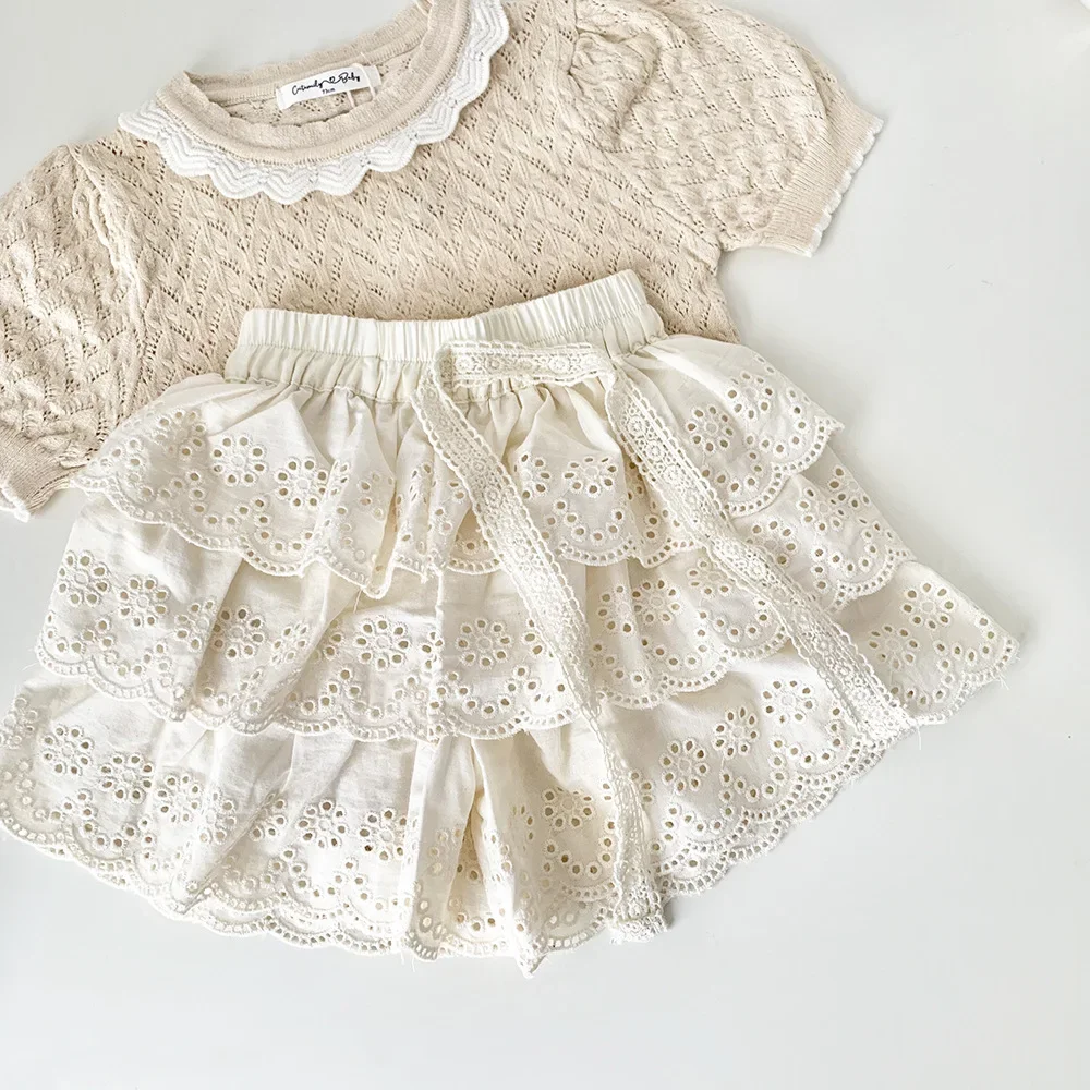 

2024 Spring Summer Toddlers Girls Lace Hollow Out Shorts Korean Style Cotton Beige Baby Kids Layered Shorts