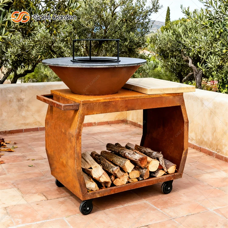 Modern Powder Coated Corten Steel BBQ Fire Pit Grill with Trolley for Outdoor Charcoal Barbecue