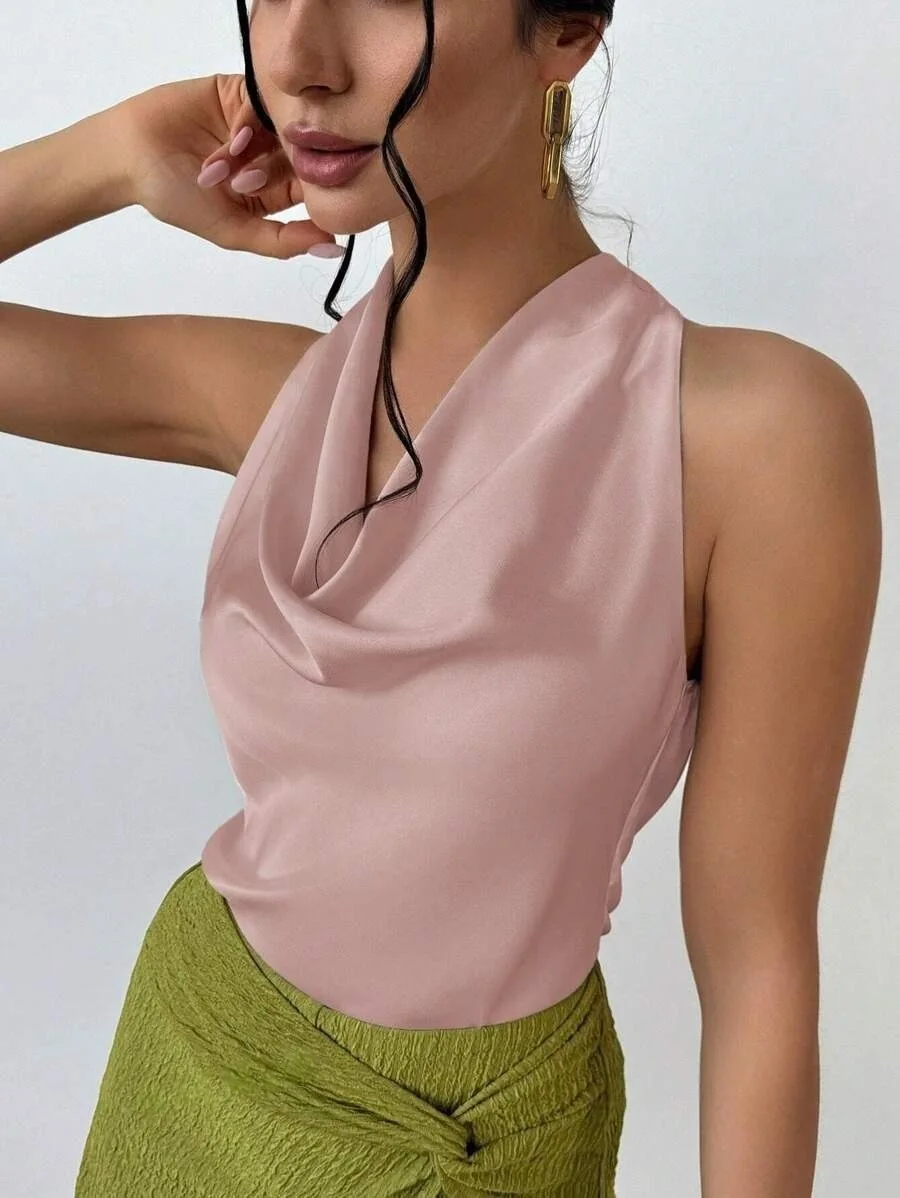 2025 Elegant Women's Halter Neck Shirt Sleeveless Satin Sexy Bow Stylish Pullover Top Office Commut Vest for Female