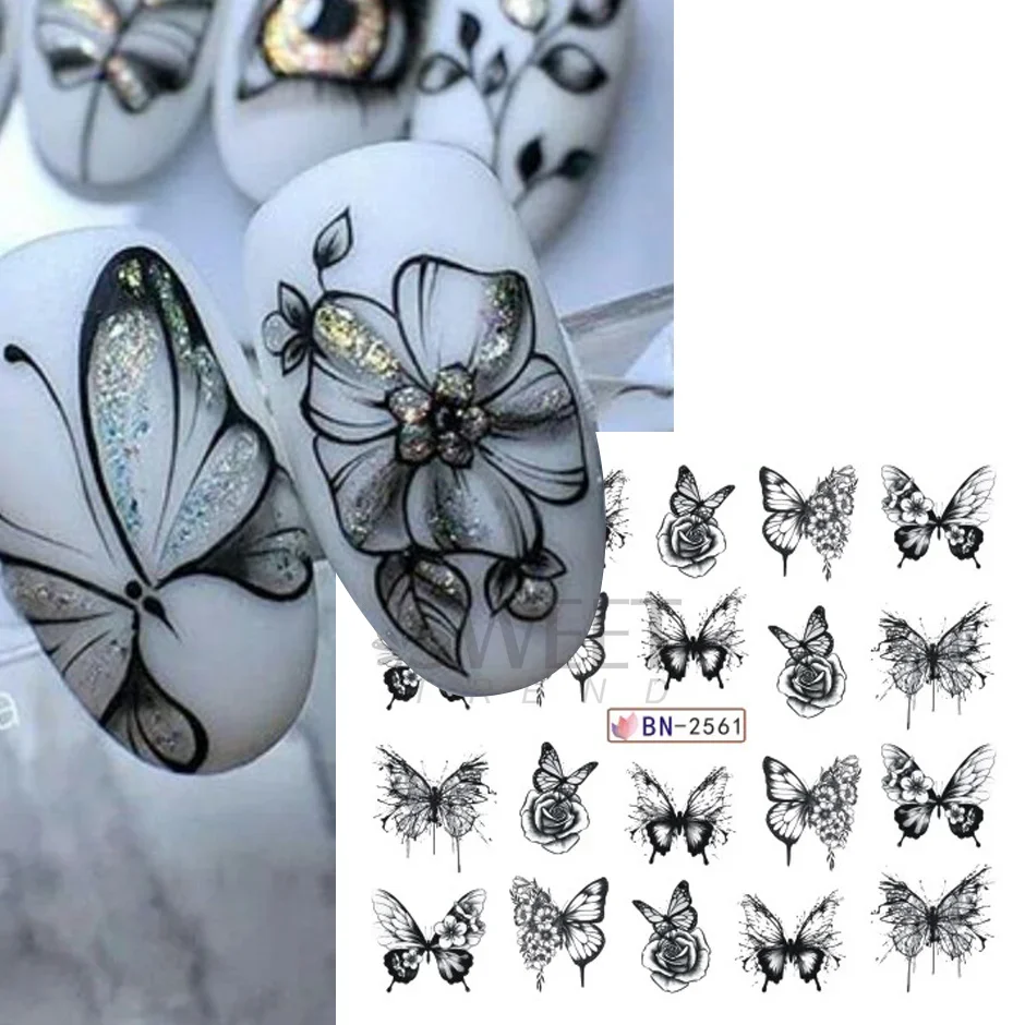 12 adesivi floreali per nail art di design, decalcomanie per acqua, trasferimento, farfalla, fiore, foglia, rosa, design, cursori, fascino, decalcomanie per manicure, tatuaggio