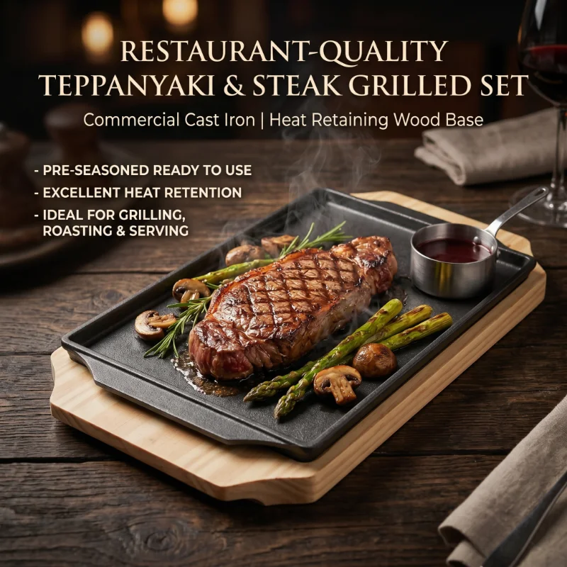 Cast Iron Rectangle Shape Restaurant Barbecue Plate Steak Sizzling Hot Pan Plate with Wooden Base Teppanyaki Grilled Fish Tray