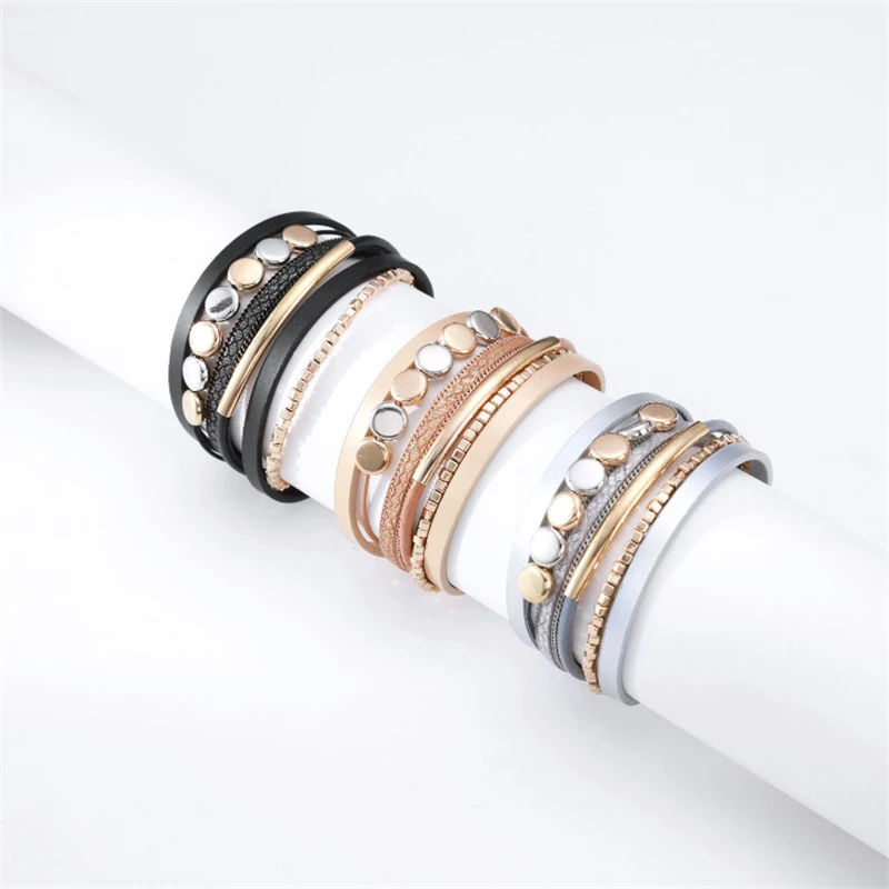 WYBU Summer Beach Style Magnetic Suction Bracelet Femme Retro Hardware Brass Accessory Leather Bracelet for Women Jewelry Gift