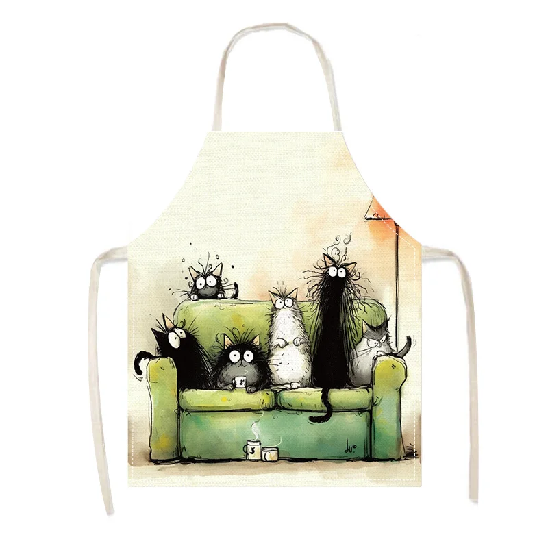 

Linen Apron Funny Cats On Sofa Watercolor Print Kitchen Cooking Baking Art Craft Painting Party Gift For Women Men Kids Unisex