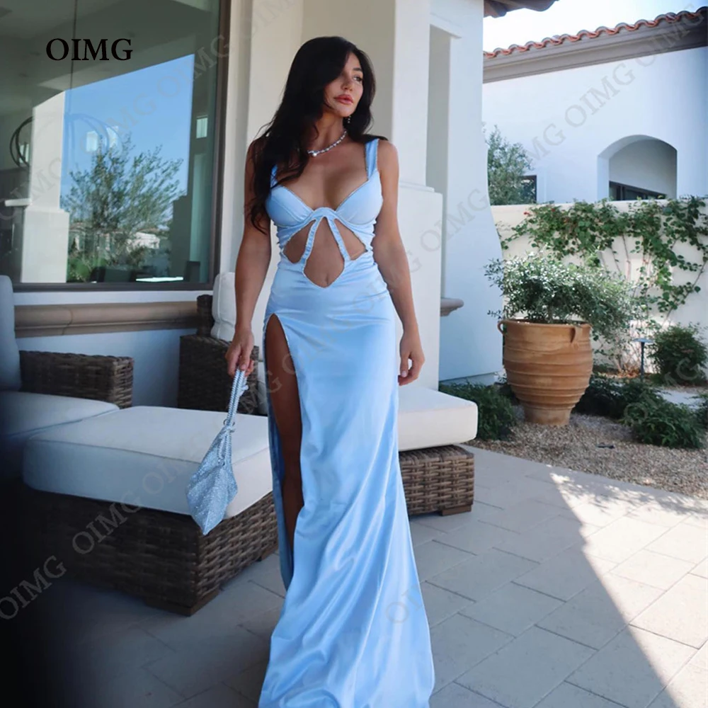 OIMG Sky Blue Sexy Slit Satin Prom Dress Evening Gown Sleeveless Floor Length Sweetheart Custom Women Wedding Party Dress 2023