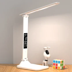 LED Desk Lamp Rechargeable Alarm Clock Thermometer Dimmable Touch Foldable USB Charging Table Lamp Battery Night Light Plug in