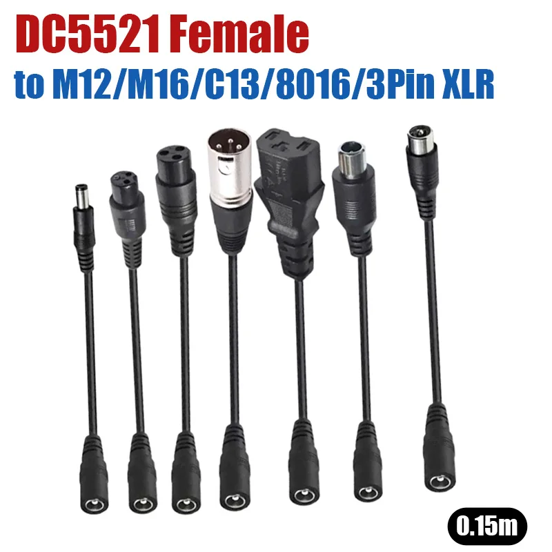 22AWG DC5521 Female to M12/M16/C13/8016/3-pin XLR Power Plug Adapter Wire 0.15M Self Balancing Scooter Pure Copper Power Cord