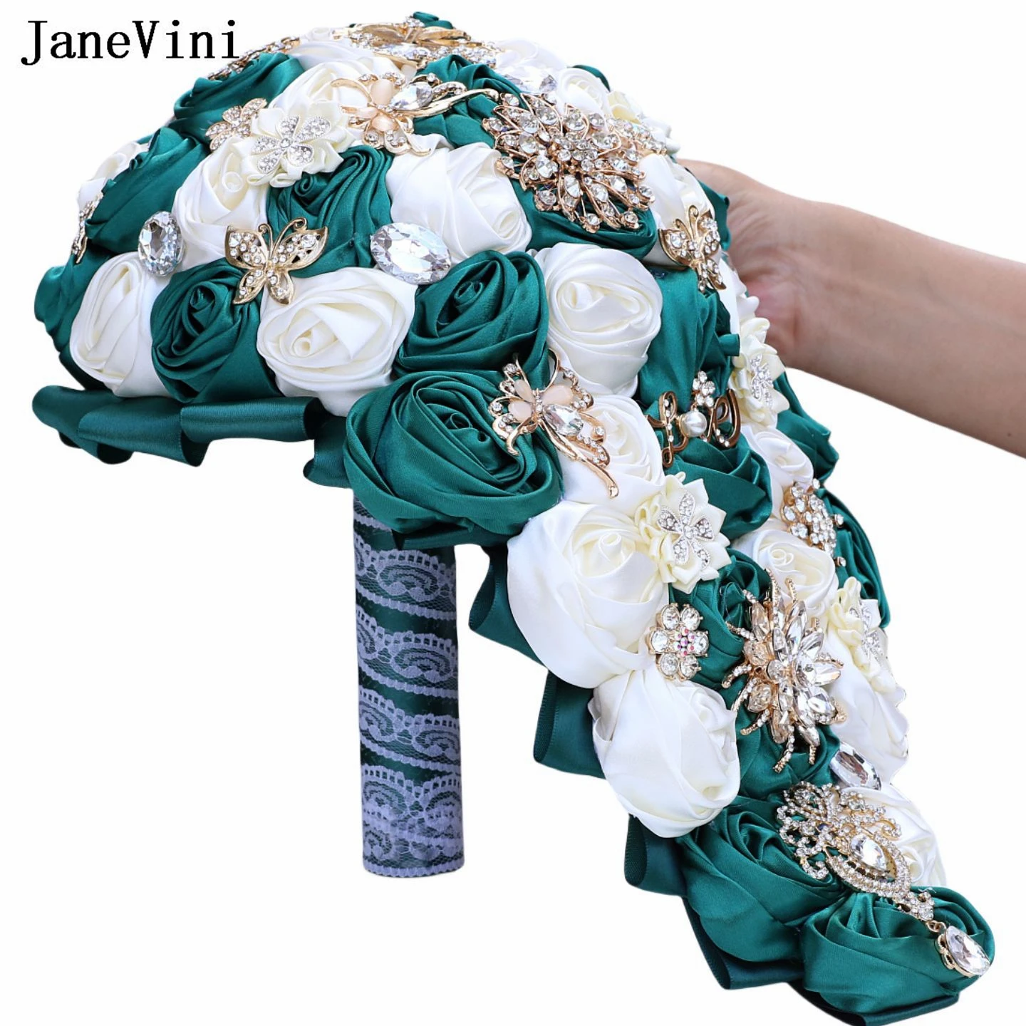 

JaneVini Luxury Crystal Waterfall Bridal Bouquets Artificial Dark Green Satin Roses Cascading Wedding Bouquet Flowers for Bride