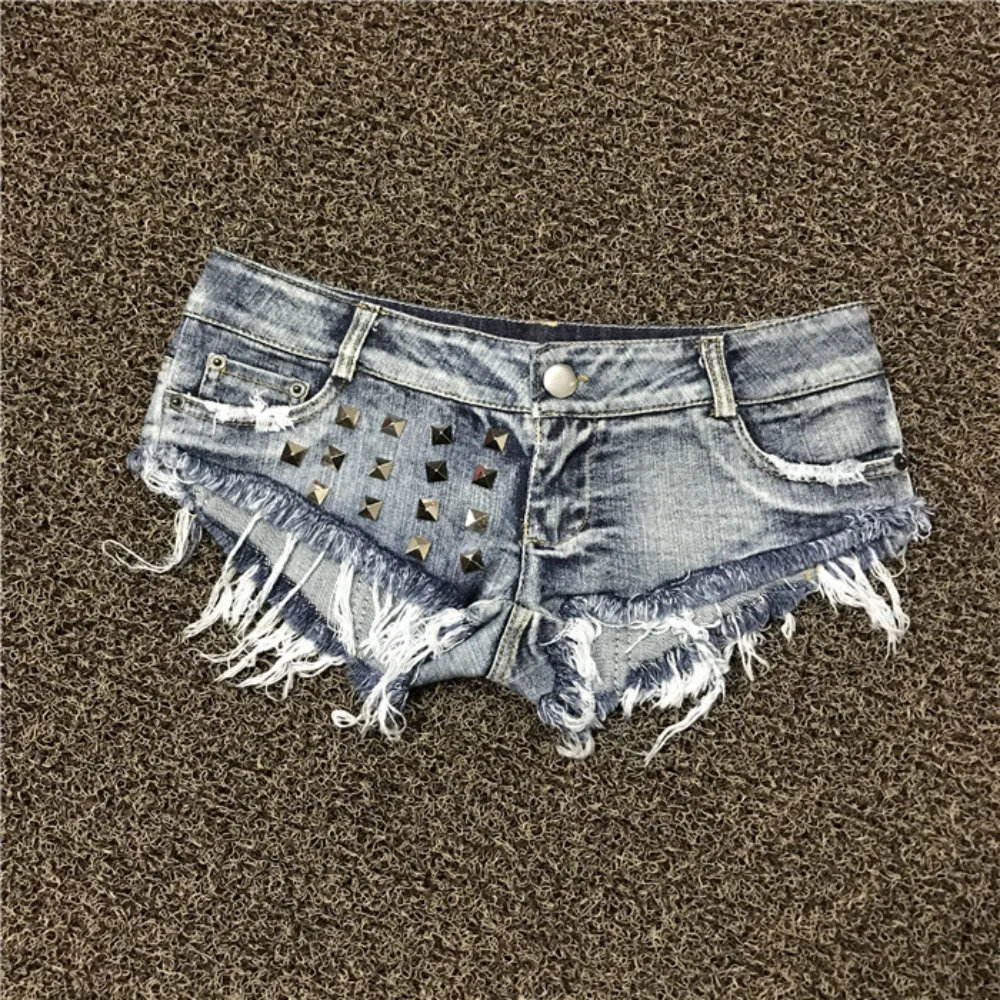 

Low-Waist Distressed Denim Shorts with Nail Heads Sexy Club Slimming Shorts Pant for Women Trendy Frayed Washed Look Jeans