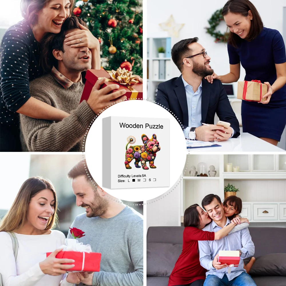 Holzpuzzle für Erwachsene, bunte Blumen-Bulldoggen-Puzzles, besondere Weihnachtsgeschenke für Freunde, Familie, moderne Kunst, Heimdekoration