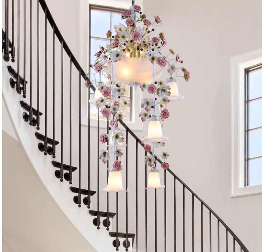 Pink Ceramic Floral Chandelier lamp Lustre D65cm H120cm Pink Rose Floral Chandelier Light Fixture E14 LED Decoration Chandelier