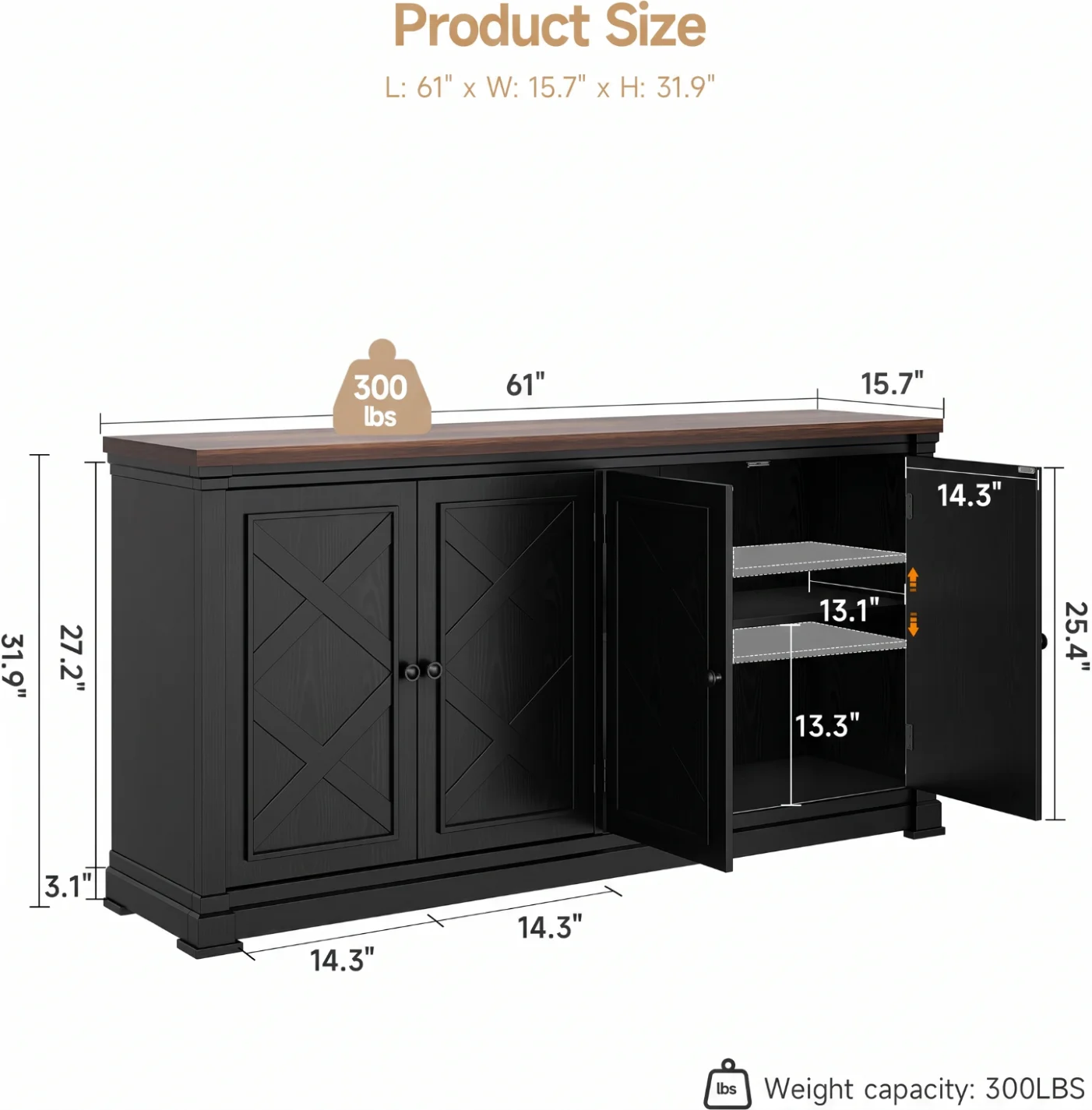 61 Inch Solid Wood Sideboard Buffet Cabinet W/ 4 Barn Doors & Adjustable Shelves, Hidden Storage Coffee Bar for Kitchen Living Room Entryway, Black