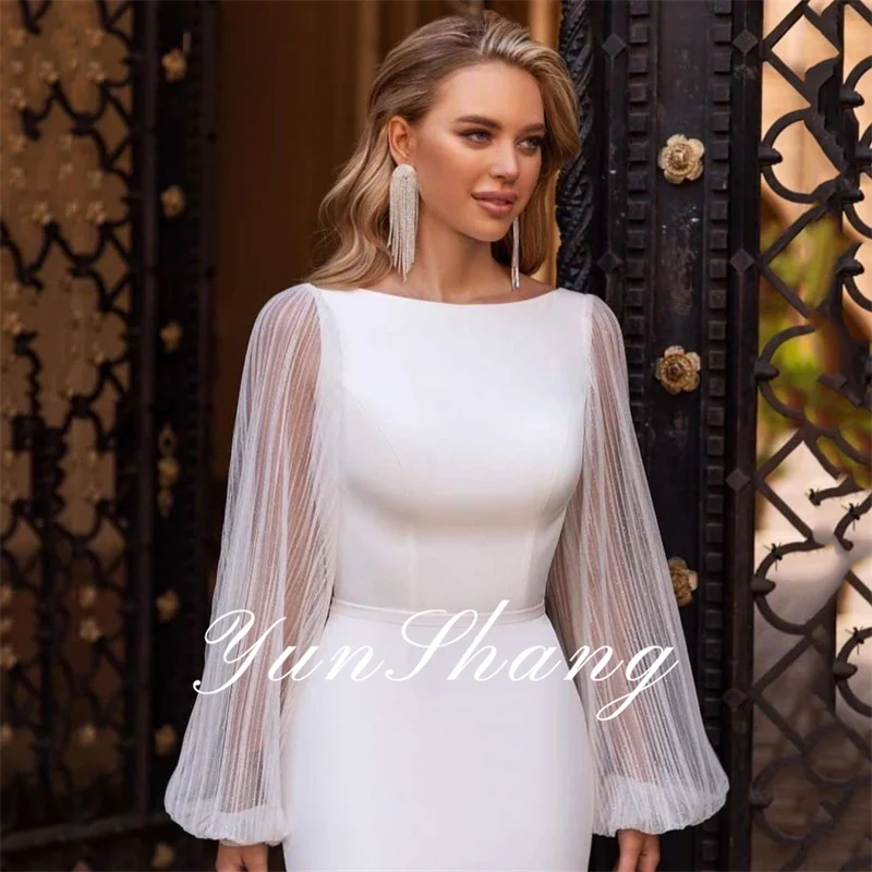 Yunshang-Vestidos De Novia elegantes para mujer, traje De sirena con espalda abierta, manga larga, cuello De barco, tul, tren De barrido